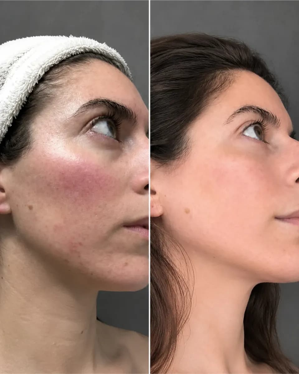 Comparación lateral del antes y después de Emily con rojeces en la mejilla