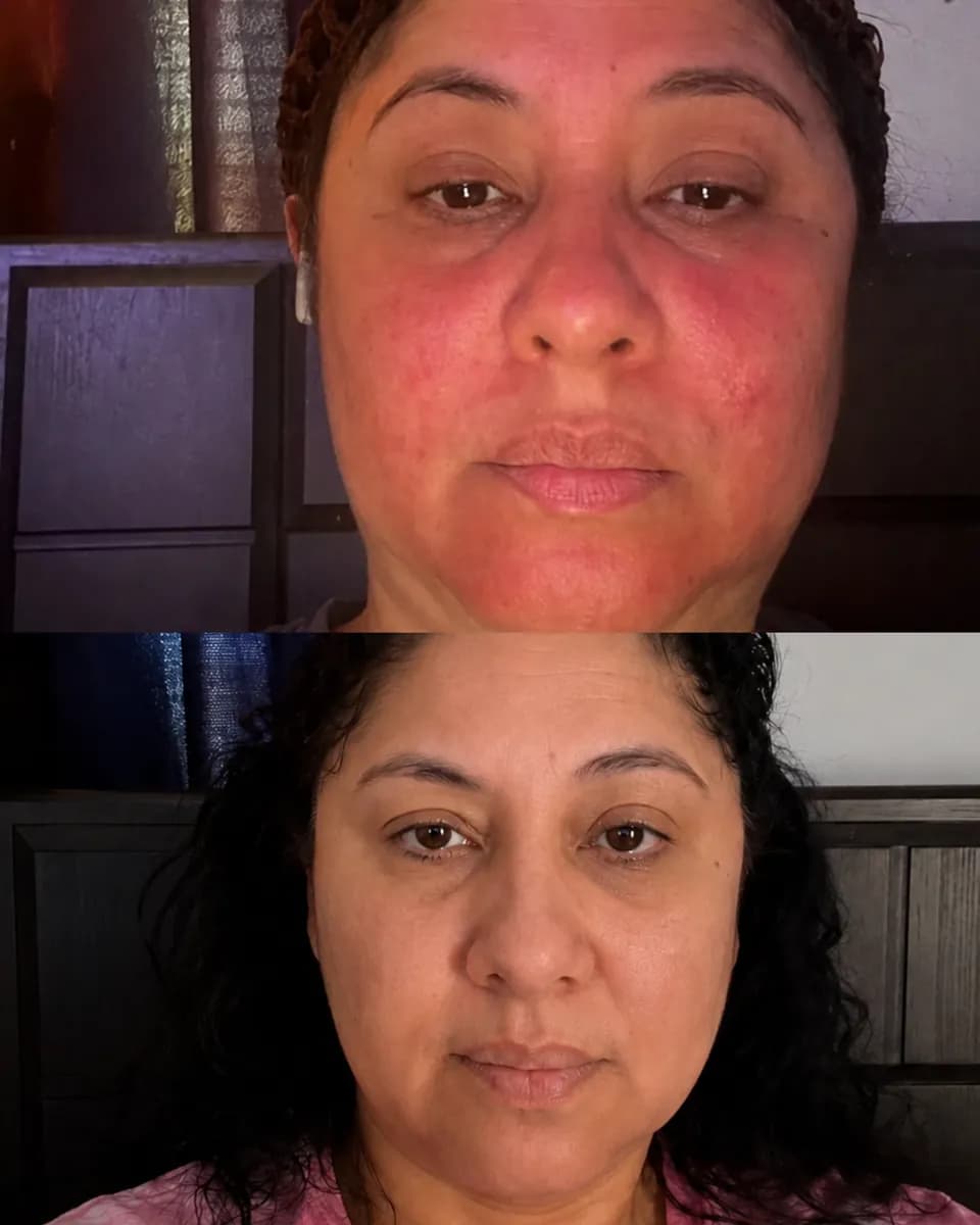 Comparación del antes y después de Olga con enrojecimiento visible en el rostro